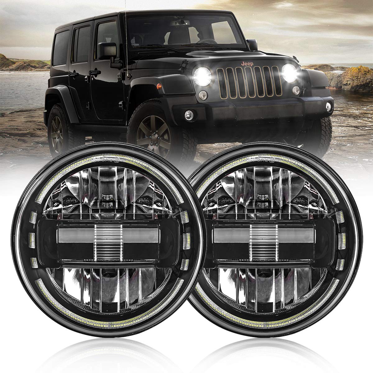 7 Inch Led Headlights with Halo DRL Low Beam and High Beam Plug & Play DOT Approved LED Round Headlight for Jeep Wrangler JK LJ CJ TJ 1997-2018 Headlamps Hummer H1 H2-2021 Chrome 