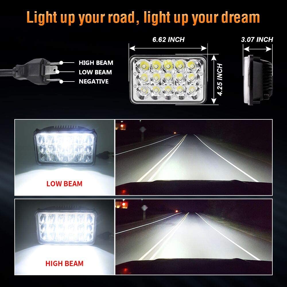 LEDMIRCY 4x6 Inch LED Headlights Dot Approved High Low Sealed Beam Rectangular LED Headlight 2PCS 45W LED Headlamp Replace with H4651 H4652 H4656 H4666 H6545 H4668 H4642 