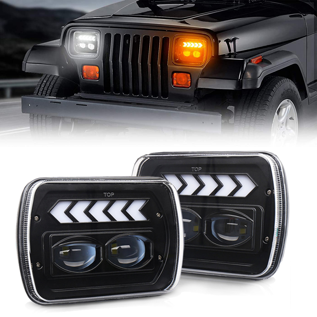 For Jeep XJ YJ Chevy S10 Blazer 7x6" 5x7" Rectangle LED Headlight Hi-Lo Beam DRL