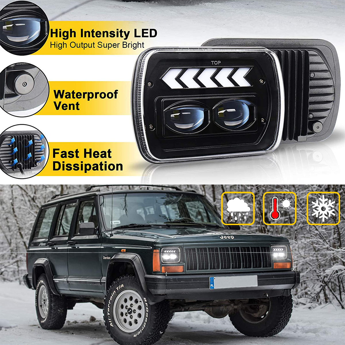 For Jeep XJ YJ Chevy S10 Blazer 7x6" 5x7" Rectangle LED Headlight Hi-Lo Beam DRL