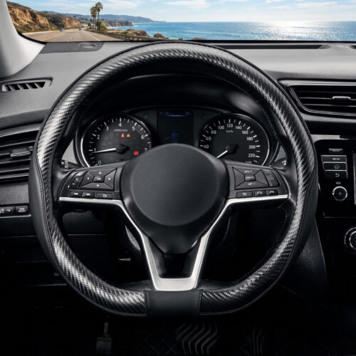 D Shape Steering Wheel Cover 14 1/2-15 in. (37-39 cm) Black Microfiber Leather with Carbon Fiber Pattern